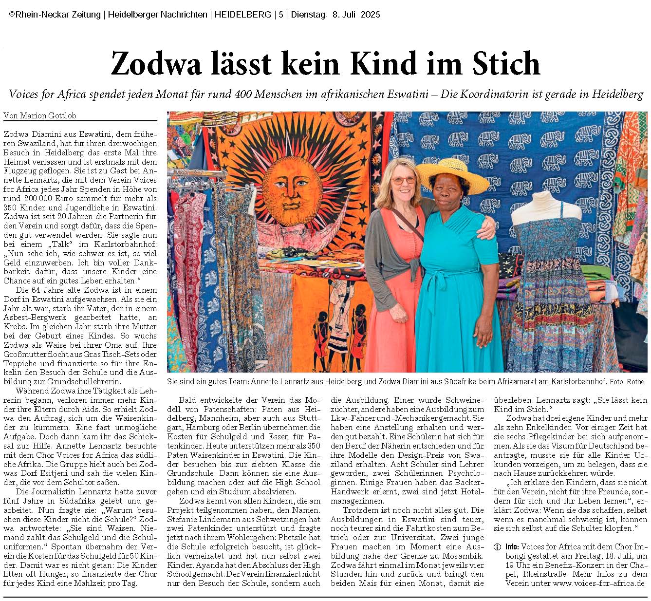 RNZ Artikel zu Zodwas Gespräch bei den Afrikatagen in Heidelberg